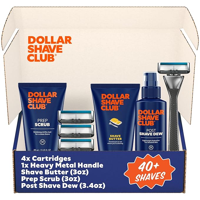 Dollar Shave Club | Total Package Gift Set | 4 Extra Close Refill Cartridges, 1 Heavy Metal Handle, 1 Prep Scrub 3 ounce, 1 Shave Butter 3 ounce, 1 Post Shave Dew 3.4 ounce, Razors for Men