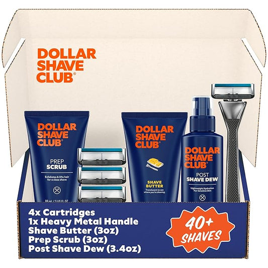 Dollar Shave Club | Total Package Gift Set | 4 Extra Close Refill Cartridges, 1 Heavy Metal Handle, 1 Prep Scrub 3 ounce, 1 Shave Butter 3 ounce, 1 Post Shave Dew 3.4 ounce, Razors for Men