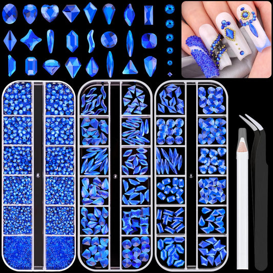 2750Pcs Royal Blue Glass Rhinestones 240Pcs Multi Shapes Flatback Gems + 2510Pcs 1.5-4mm Round Crystal, Manicure Charms Diamond Gemstones for Acrylic Nails Decoration