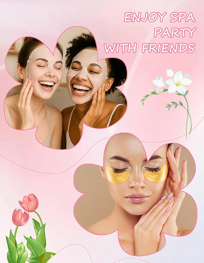 60PCS Spa Party Supplies for Girls, Include Facial Masks, Lip Mask, Under Eye Patches, Lip Balm, Foot Bath Bombs, Hand Cream, Compressed Towel, Hair Band, Sleepover Party Supplies for Girls