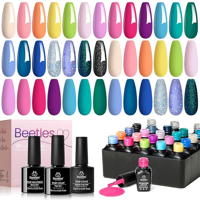 Beetles Gel Nail Polish Set- 23Pcs Color Gel Polish with Base Gel Top Coat Bright Colors, Gel Polish Kit Blue Pink Purple Orange Green Glitter Soak Off Uv Led Trendy Rainbow Nail Art