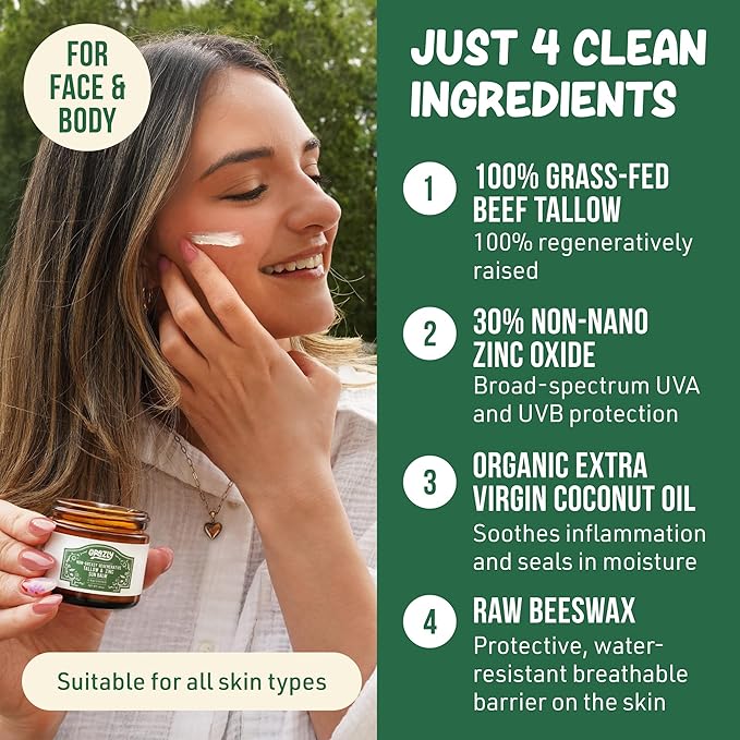 Beef Tallow Sunscreen SPF 35 – Unscented Water Resistant Zinc Sun Balm, Non-Greasy Natural Sunscreen for Face & Body – 4 Natural Ingredients: Non-Nano Zinc, Organic Coconut Oil, Beeswax- 1.8 oz