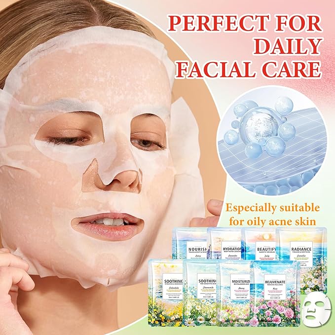 8 Pack Variety Facial Sheet Masks Skin Care Set, Hydrating Bulk Sheet Face Masks Skincare Gifts Set for Women Men, Long Lasting Moisturizing Face Mask Skincare for All Skin Type（13)