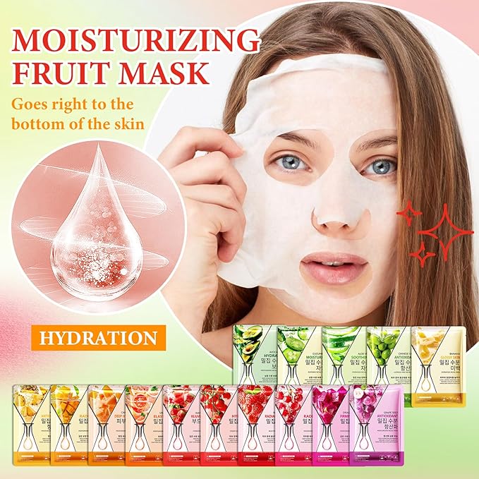 15 Pack Variety Facial Sheet Masks Skin Care Set, Hydrating Bulk Sheet Face Masks Skincare Gifts Set for Women Men, Long Lasting Moisturizing Face Mask Skincare for All Skin Type（05)