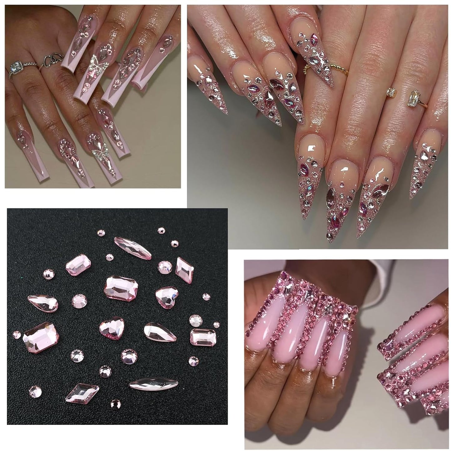 4 Boxes Pink Nail Gems Bow Flower Nail Charms for Acrylics - Irregular Crystals, Nails Rhinestone & Accessories for Women Nails Art Design Nails Decor(Pink)