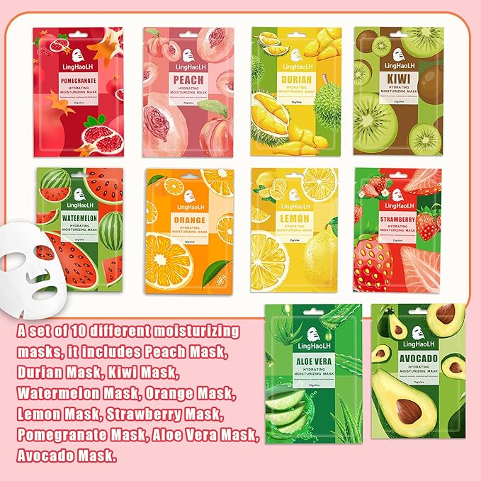 20 Pack Facial Sheet Face Mask Variety Set for All Skin Types,Hydrating Moisturizing Sheet Masks Combo