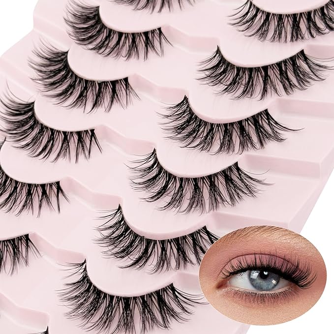 Cat Eye Lashes False Eyelashes Natural Look, Yasnai Wispy Fake Lashes Volume Lashes, Strips Lashes Natural Eyelashes Clear Band 6 Pairs Pack