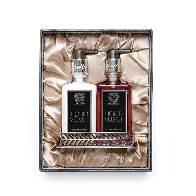 Antica Farmacista Liquid Velvet Acrylic Bath & Body Gift Set - Moisturizing Scented Lotion - Premium Hand Wash - With Silver Tray - Mother's Day Skincare Gift - Hand & Skin Hydration - Liquid Velvet