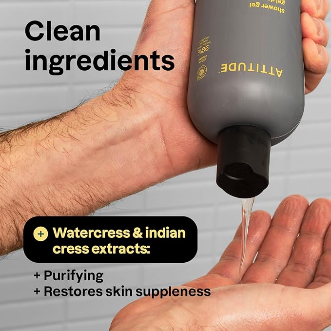 ATTITUDE Shower Gel Body Wash for Men, 98% Natural Origin Ingredients, Paraben & Phthalate Free, EWG Verified, Cleanses Without Drying, Amber & Citrus, 14 Fl Oz (Pack of 3)
