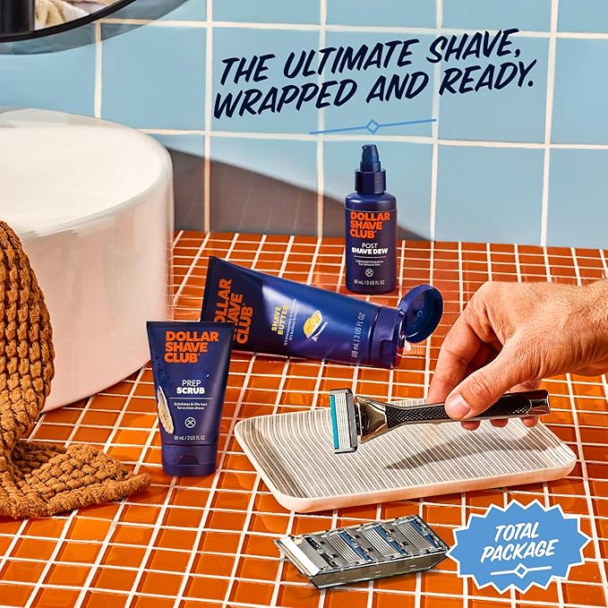 Dollar Shave Club | Total Package Gift Set | 4 Extra Close Refill Cartridges, 1 Heavy Metal Handle, 1 Prep Scrub 3 ounce, 1 Shave Butter 3 ounce, 1 Post Shave Dew 3.4 ounce, Razors for Men