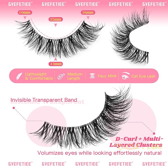 Cat Eye Lashes False Eyelashes Clear Band Natural Look Fluffy Faux Mink Lashes Wispy Soft Eyelashes Lightweight Handmade D Curl 8 Pairs Pack Eyelashes by GVEFETIEE