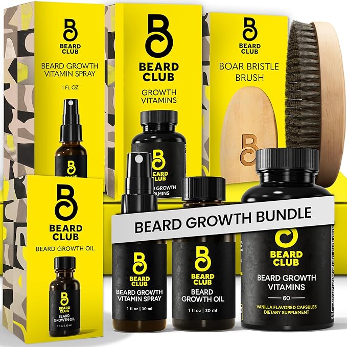 Beard Club Premium Beard Growth Kit - Growth Oil, Vitamins, Vitamin Spray & Boar Bristle Brush - Gift Set