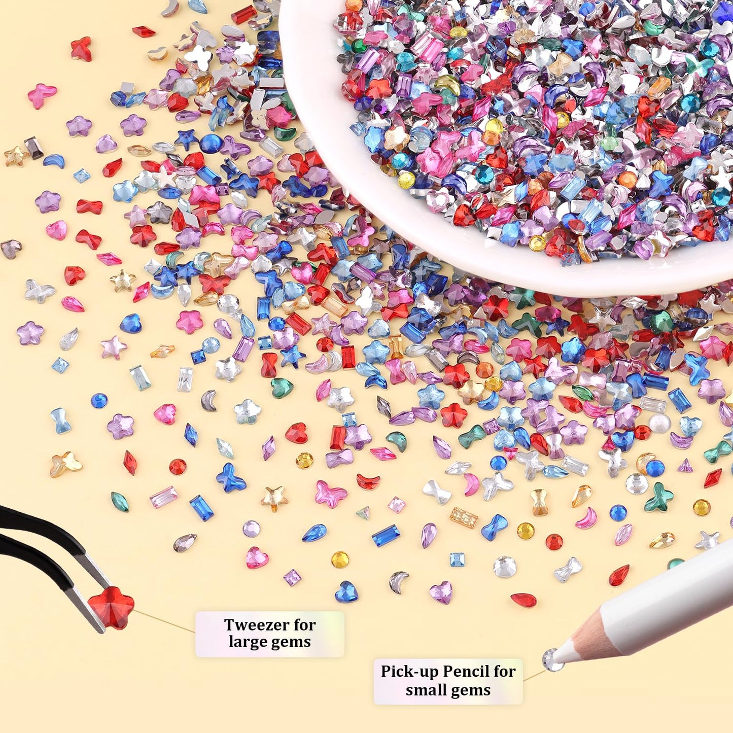 1.2-3 MM 4700 PCS Muliti Shape Colorful Rhinestones for Nail Art, 3D Resin Flatback Bedazzling Gems Mini Flower Bow Heart Star Butterfly, Gems Kit with Tweezers, Pickup Pencil and 15ML Nail Glue