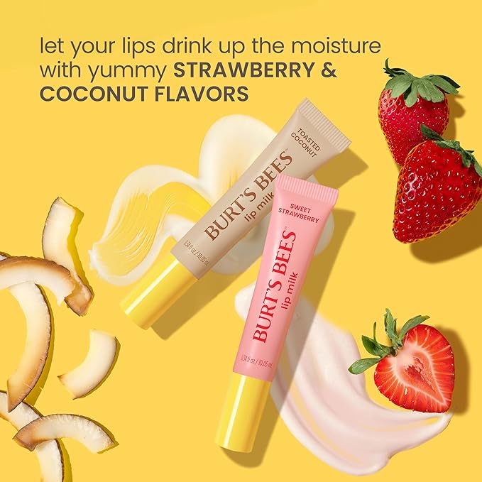 Burt’s Bees Lip Milk, Daily Lip Moisturizer, Sweet Strawberry, Vitamin Enriched Moisturizing Lip Balm with Almond Milk and Jojoba Oil, Hydrating for Softer Lips, 1 Tube, 0.34 Fl Oz