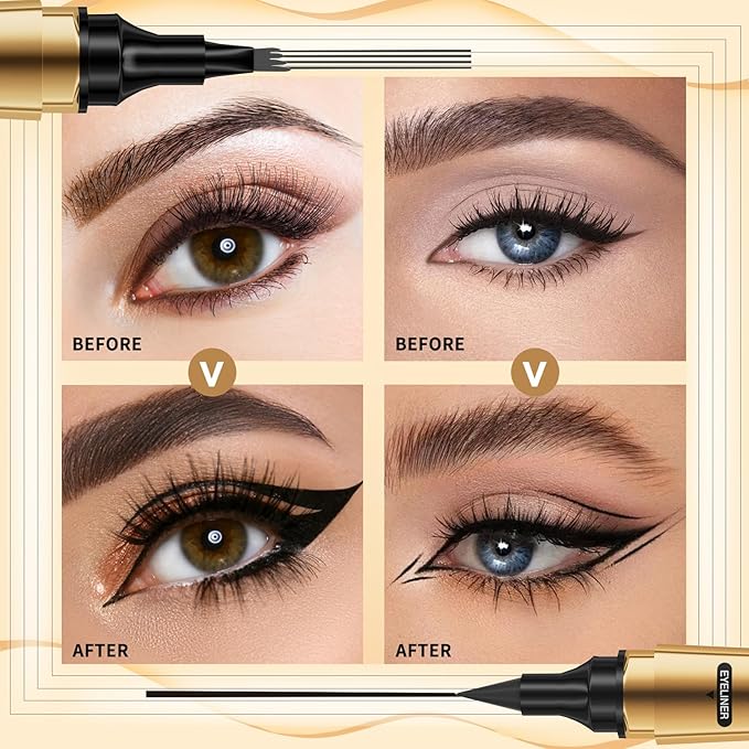 3D Four-Tip Eyebrow Pen & Eyeliner Duo - Waterproof, Long-Lasting, Smudge-Proof, Easy to Use for Perfect Brows and Defined Eyes - Black Eyebrow Pencil & Black Eyeliner