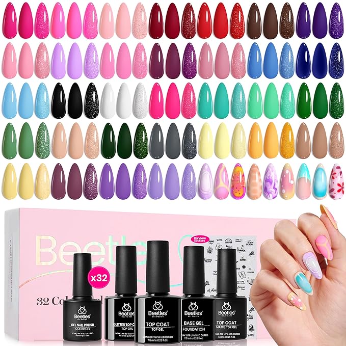 beetles Gel Polish Set All Seasons Fall Gel Nail Polish Kit Purple Orange Red Brown Black White Blue Nude Green 32 Colors with Base Glossy Matte Glitter Top Coat Gifts for Women Fingertips Canvas