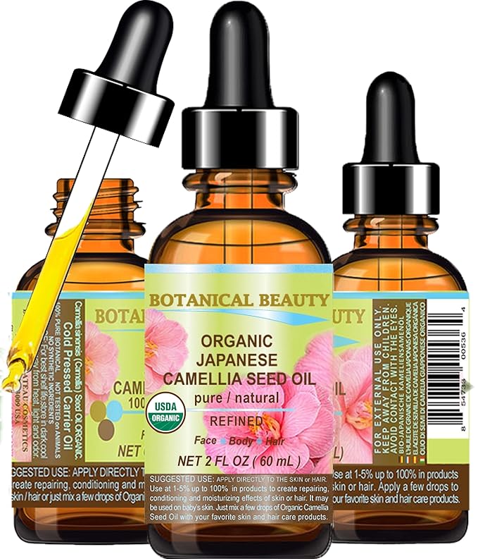 Botanical Beauty Japanese ORGANIC CAMELLIA Seed Oil. 100% Pure Natural Undiluted Refined Cold Pressed Carrier Oil to revitalize and rejuvenate the hair, skin and nails. 2 Fl. oz 60 ml