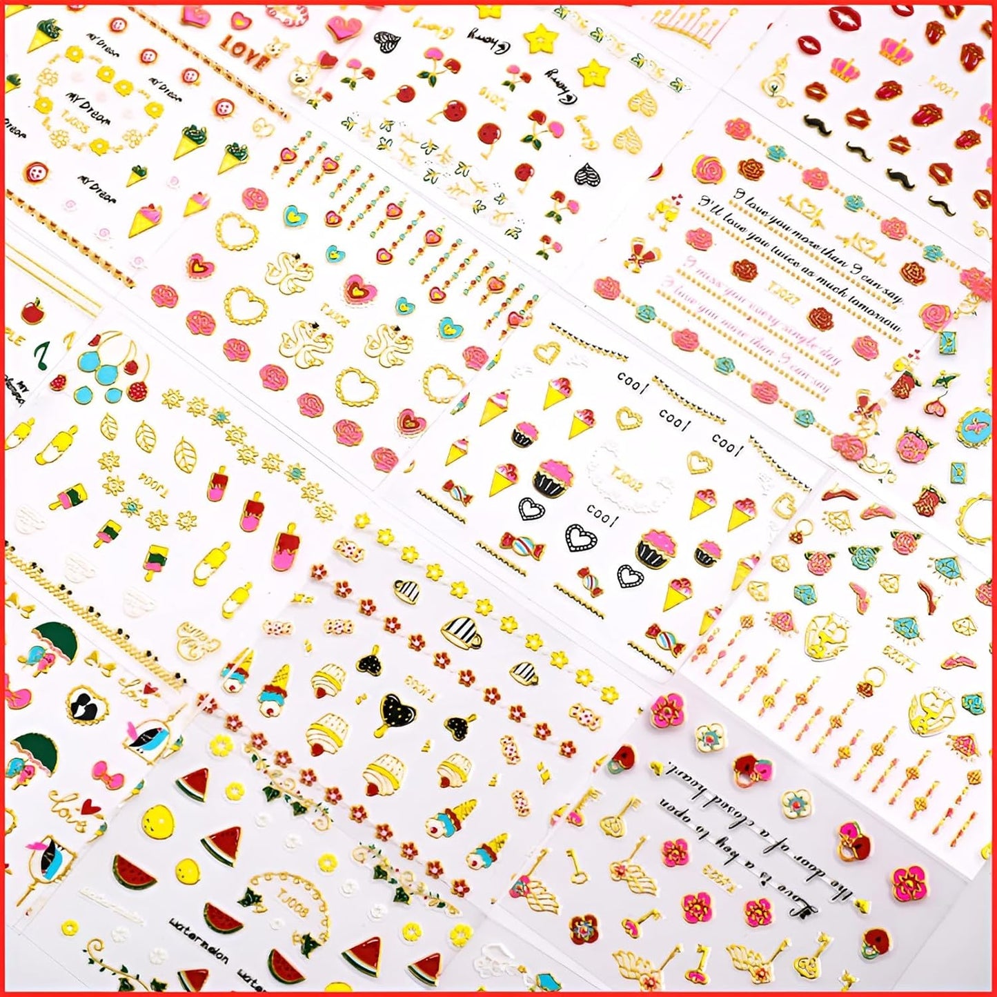 30 Sheets Valentine's Day Nail Art Stickers Red Heart Nail Decals 3D Self-Adhesive Rose Lip Kiss Nail Supplies DIY Acrylic Nails Decoration Accessories for Women and Girls