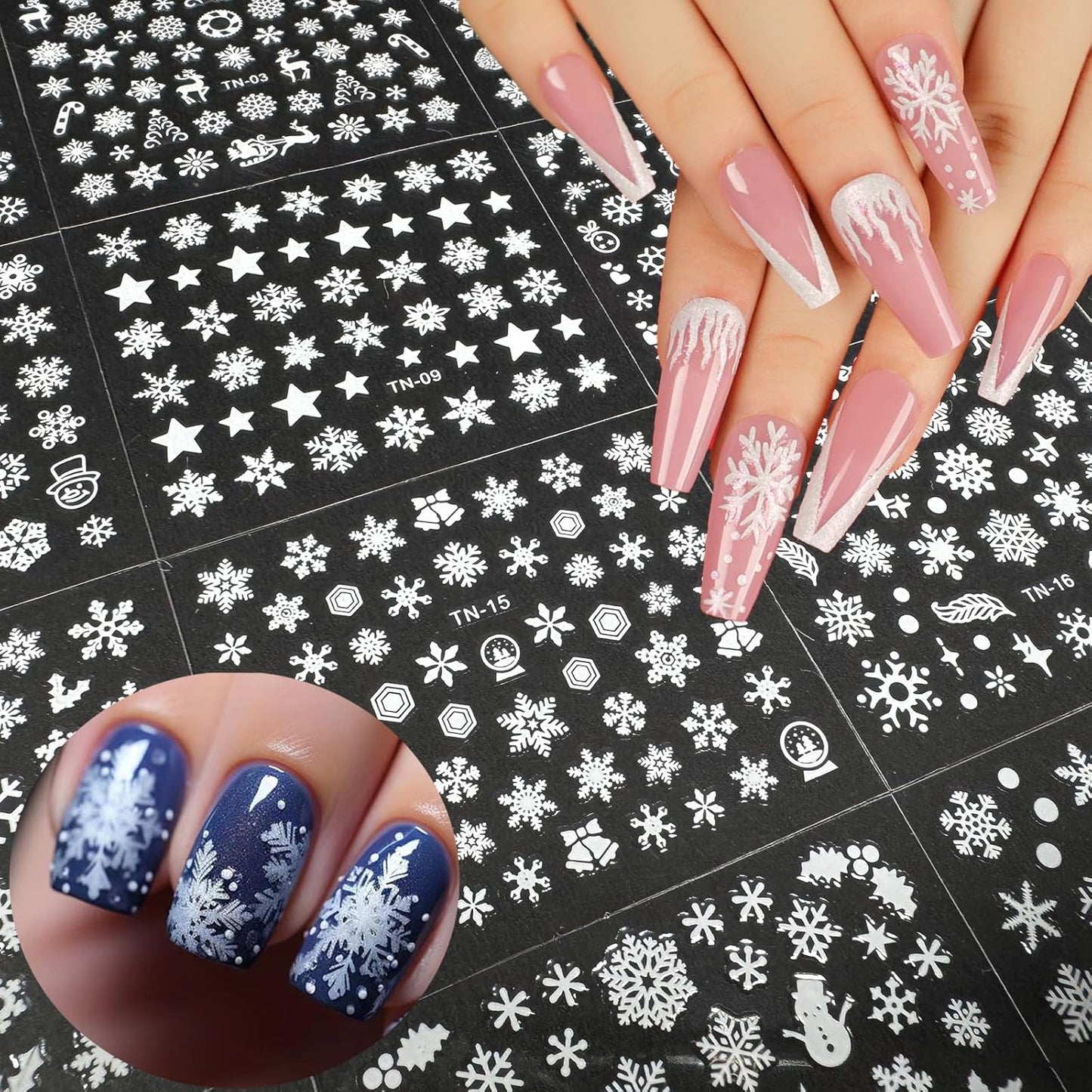 30 Sheets Christmas Nail Art Stickers 3D Self-Adhesive Snowflake Holiday Nail Stickers White Snowmen Santa Claus Elk Decals Decorations Supplies for Women (Snowflake)