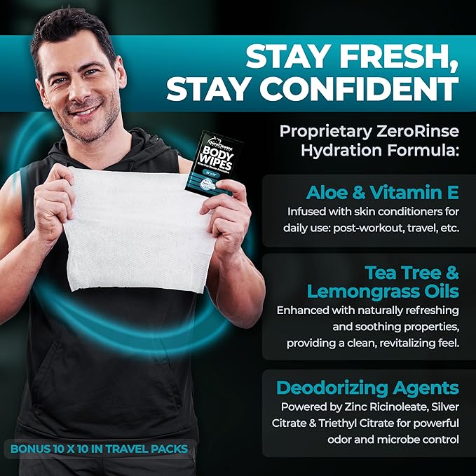 Body Wipes for Men (2pk) - 100 XL No Rinse Shower Sheets + 8 Travel Bath Wipes - 9"x12" After Gym Adult Washcloths - Mens Deodorant, Face Towels, Hunting & Camping Essentials, Survival Gear & Supplies