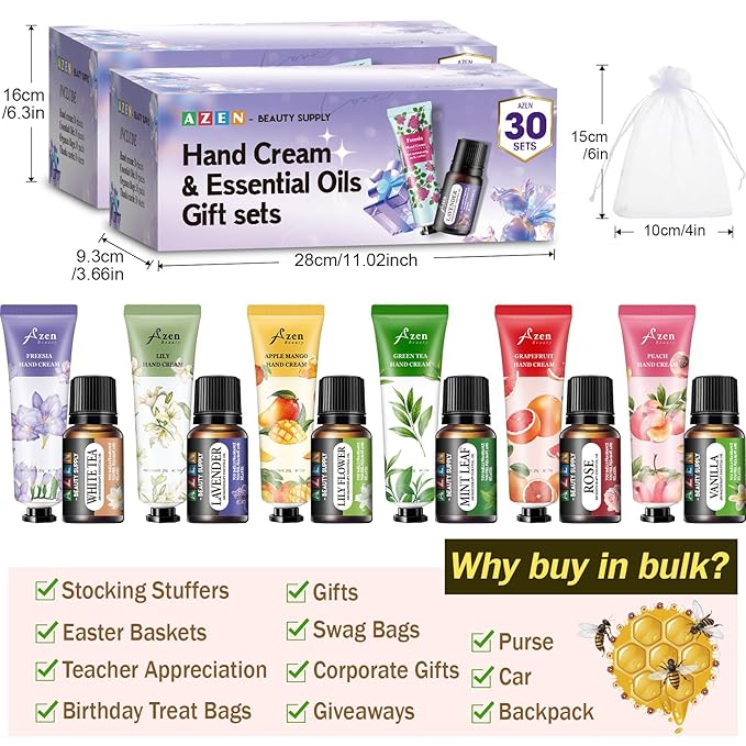AZEN 60 Sets Bulk Gifts, Hand Cream and Essential Oils Bulk Set with Organza Bag Thank You Card, Baby Shower Wedding Gifts for Guests, Bridal Wedding Favors for Guests,Thank You Gifts for Women