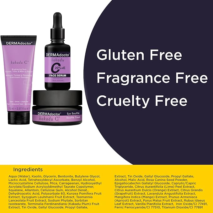 DERMAdoctor 20% Vitamin C Face Serum 0.5 fl oz Cleanser 2.37 fl oz with Caffeine Eye Cream Vitamin E & Ferulic Acid | Kakadu C Anti Aging, Hydrating & Discoloration Correcting Serum