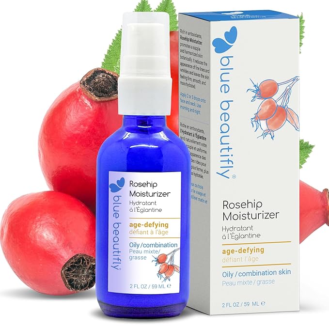 Blue Beautifly Rosehip Face Moisturizer - Restores Elasticity, Boosts Collagen, and Protects the Skin - Hyaluronic Acid Moisturizer Super-Charged with Ribose, and Marine Pine Bark Extract - 2 fl oz