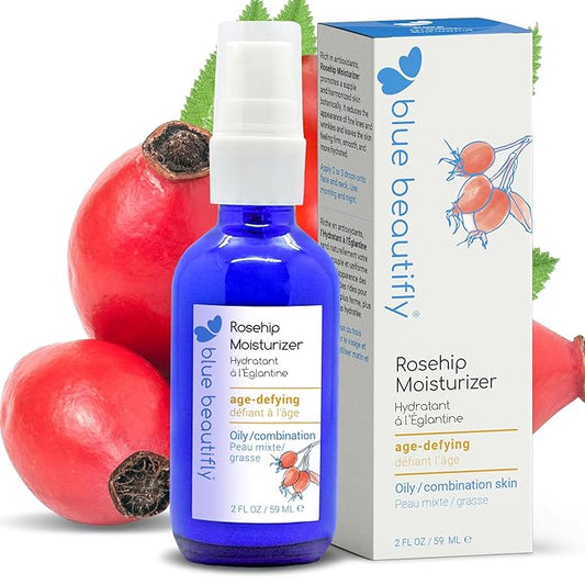 Blue Beautifly Rosehip Face Moisturizer - Restores Elasticity, Boosts Collagen, and Protects the Skin - Hyaluronic Acid Moisturizer Super-Charged with Ribose, and Marine Pine Bark Extract - 2 fl oz