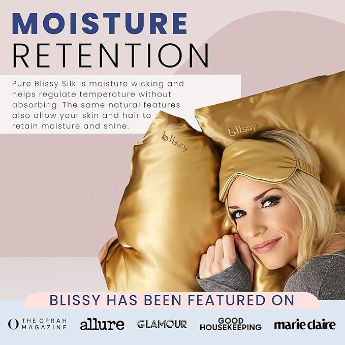 Blissy Silk Sleep Mask - Silk Eye Sleeping Mask for Women & Men for Total Blackout - 100% Pure Mulberry Silk, 22 Momme 6a Fibers - Blindfold Silk Sleep Mask Side Sleeper Eye Cover (Gold)