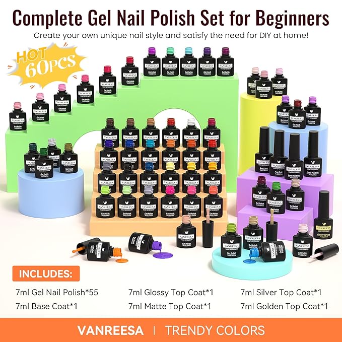 VANREESA 60 Pcs Gel Nail Polish Set, 55 Colors Gel Polish with Base Coat & 4 Effects Top Coat Full-Color Gel Polish Set All Seasons Nail Kit Gifts for Women Girls Nail Salon at Home