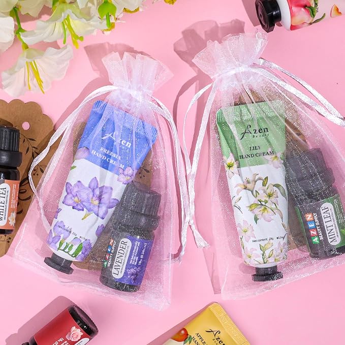 AZEN 60 Sets Bulk Gifts, Hand Cream and Essential Oils Bulk Set with Organza Bag Thank You Card, Baby Shower Wedding Gifts for Guests, Bridal Wedding Favors for Guests,Thank You Gifts for Women