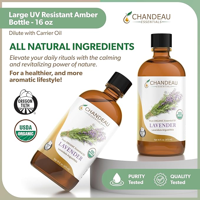 100% Pure Organic Essential Oil, Pure Lavender Essential Oil for Aromatherapy, Soap Making, Candles, Laundry, Perfume, Cleaners or Diffusers - Large Amber Glass Bottle, 16 oz.