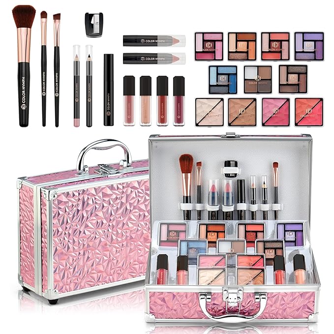 Color Nymph Starter Makeup Kit for Tweens Girls, Train Case for Women Full Kit with Eye Shadow, Lipstick, Blush, Brushes, Lipgloss, Mascara, Brow Wax and Mirror Pink Full Starter Cosmetics Set