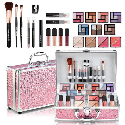 Color Nymph Starter Makeup Kit for Tweens Girls, Train Case for Women Full Kit with Eye Shadow, Lipstick, Blush, Brushes, Lipgloss, Mascara, Brow Wax and Mirror Pink Full Starter Cosmetics Set