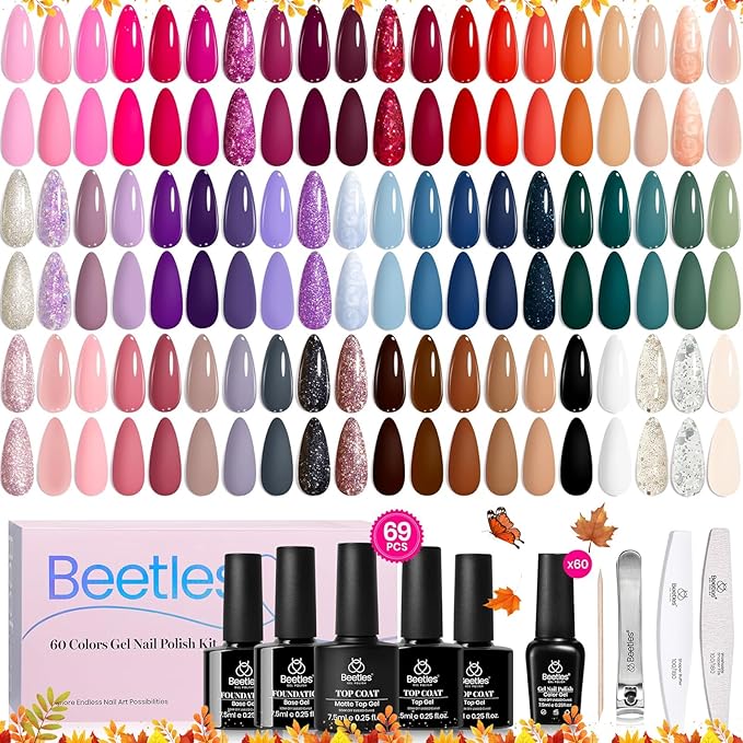 Beetles Gel Nail Polish Set - Transcendent Allure 60 Colors Fall Gel Polish Kit Orange Burgundy Red Glitter Hot Pink Blue White Black with Base Top Coat Gifts for Women