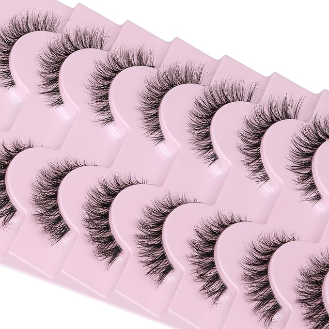 Cat Eye Lashes 8 Pairs Mink False Eyelashes Natural Look Soft Faux Mink Lashes Fluffy Wispy Lashes Handmade Lightweight Fox Eye D Curl Comfortable Clear Band Eyealshes