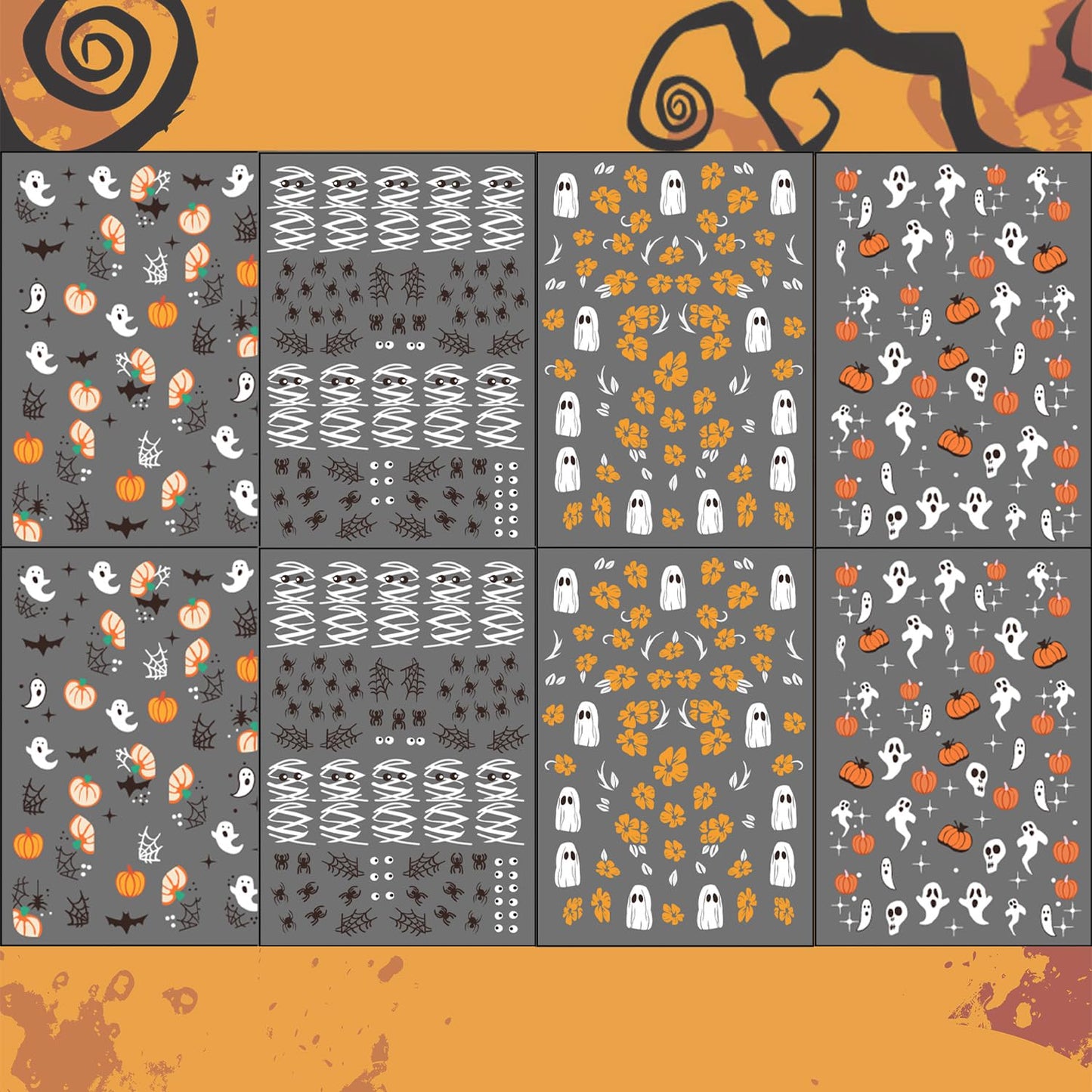 8 Sheets Halloween Nail Art Stickers Cute Ghost & Mummy Designs 3D Self-Adhesive Flower Nail Stickers Halloween Spider Pumpkin Spider Web Acrylic Nails Art Decoration for Women Nails Art Supplies