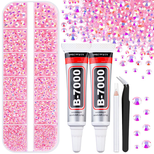 6100Pcs Jelly Resin Rhinestones for Crafting with 2Pcs 10ml B7000 Jewelry Glue, 1 Box Flatback Crystals Diamond (Light Pink AB) for Bedazzling Crafts DIY Nail Art Non Hotfix Gems for Clothing Shoes