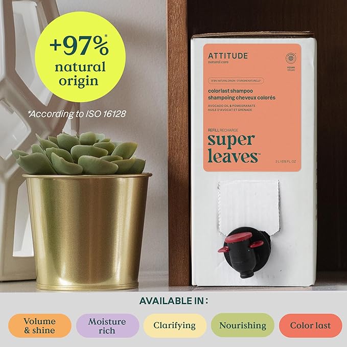 ATTITUDE Colorlast Hair Shampoo, EWG Verified, For Color Treated Hair, Protects Color, Naturally Derived Ingredients, Vegan and Plant Based, Avocado Oil and Pomegranate, Bulk Refill, 67.6 Fl Oz