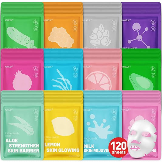 120 Pack Collagen Essence Sheet Face Masks Skincare, Moisturizing & Hydrating Face Mask for Skin Care, Bulk Face Masks for All Skin Types, Spa Party Gifts for Women (12 Types x 10 Pcs)