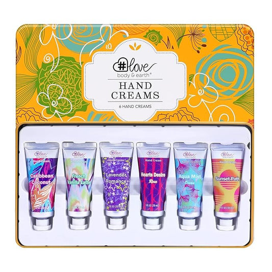 BODY & EARTH # LOVE Hand Cream Gift Set Hand Lotion with Organic Argan Oil to Nourish and Deeply Moisturize Rough Hands, 6 x 1.0 oz Travel Size Hand Lotion Cream, Gift for Women Mom Birthday Gifts
