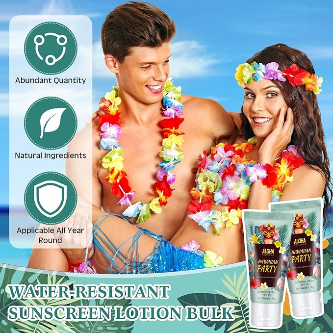 24 Pcs Mini Sunscreen Bulk for Summer Wedding Party Spf 30 Water Resistant Sunscreen Lotion Bulk 1oz Travel Size for Thank You Gifts Wedding Party Supplies(White Cream,Hawaiian Party)