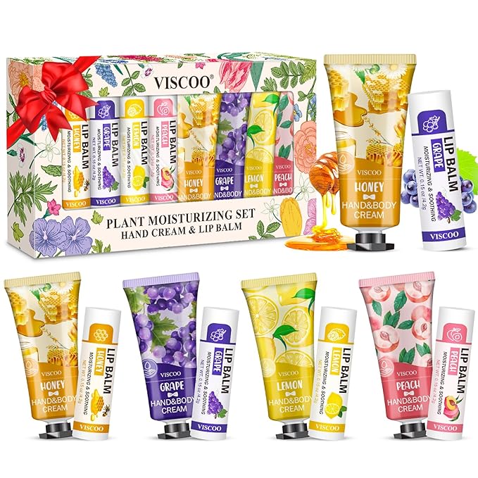 8 Pack / 4 Sets Lip Balm and Hand Cream Gifts for Women, Bridal Shower Gifts, Bridal Wedding Favors for Guests, Baby Shower Gifts for Guests, Thank You Gifts, Party Favors, Birthday Gifts