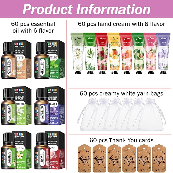 AZEN 60 Sets Bulk Gifts, Hand Cream and Essential Oils Bulk Set with Organza Bag Thank You Card, Baby Shower Wedding Gifts for Guests, Bridal Wedding Favors for Guests,Thank You Gifts for Women