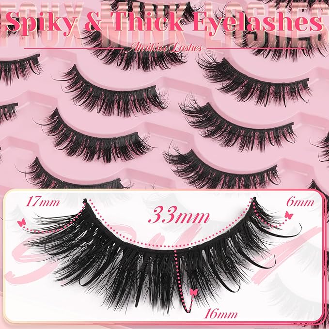 Ahrikiss Lashes Fluffy Eyelashes Wispy Thick False Eyelashes Spiky Manga Lashes D Curl Cat Eye Lashes Natural Look 3D Volume Anime Fake Eyelashes Faux Mink Lashes 14 Pairs Pack (Spike03)