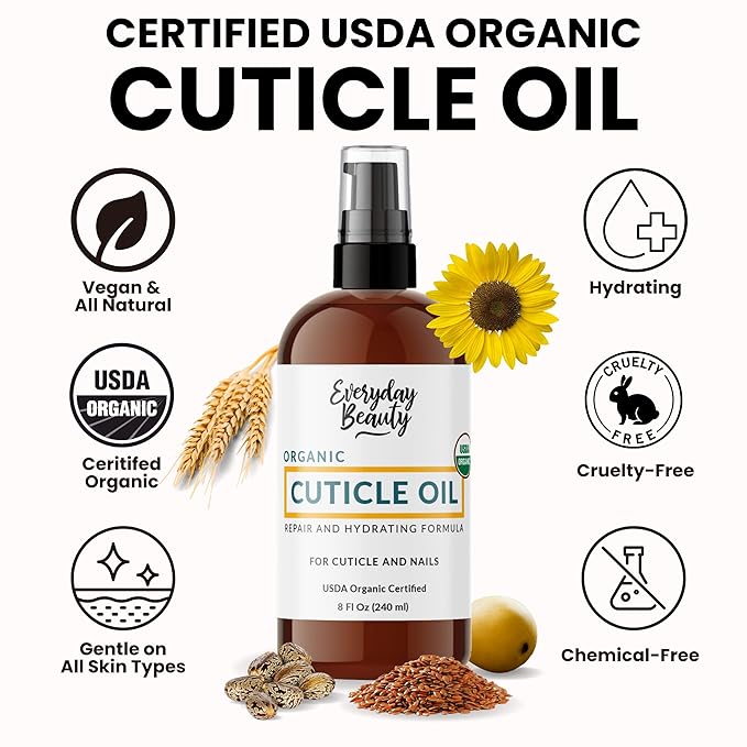 Organic Cuticle & Nail Oil - Repair, Revitalize & Hydrate Cuticles and Nails - Organic Spa Treatment - For Stronger Healthier Nails and Cuticles - 8 Fl Oz With Pump Top