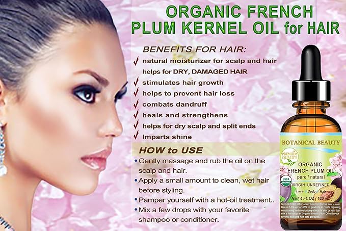 Botanical Beauty Organic French PLUM OIL 100% Pure Natural VIRGIN UNREFINED Cold-Pressed Carrier Oil 4 Fl oz 120 ml for Face, Skin, Body, Hair, Lip, Nails. Rich in Vitamin E, Omega 6, Omega 9