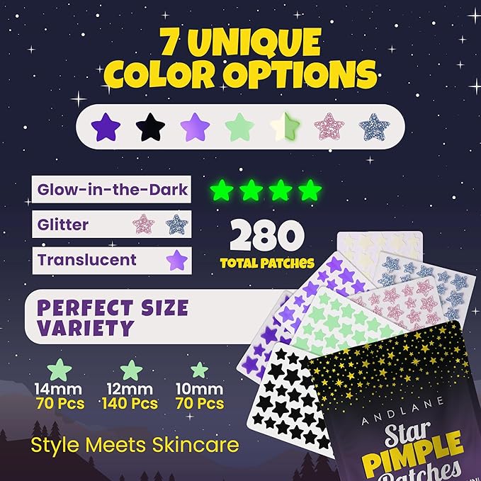 280Pcs Star Pimple Patches for Face - Hydrocolloid Acne Blemish Pimple Patches Cute Stars - Glitter, Regular, Glow in the Dark, Translucent 7 Colors, 3 Sizes Zit Stickers