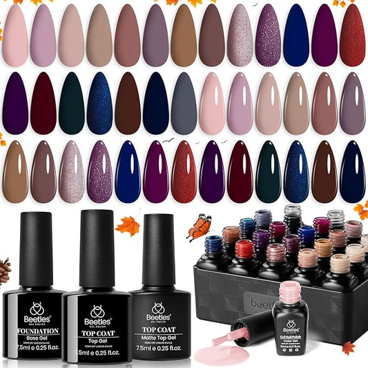 Beetles Brown Gel Nail Polish Set - 20 Colors Burgundy Red Brown Gold Champagne Glitter Fall Gel Polish Soak Off UV Glossy & Matte Top Base Coat Manhattan Collection Gifts for Women