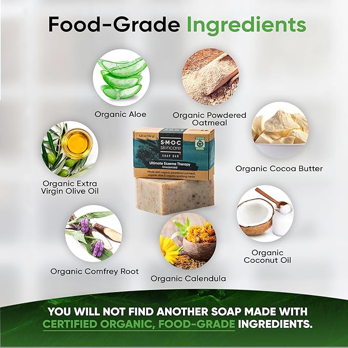 Certified Organic Eczema Soap Bar 3-Pack — Unscented, with Aloe & Cocoa Butter — Oatmeal Soap for Eczema, Psoriasis, Dry, Itchy Sensitive Skin — for Face & Body (3)